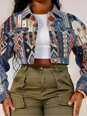 Cropped Aztec Print Jacket Multi Color Southwestern Tribal Tapestry Shacket